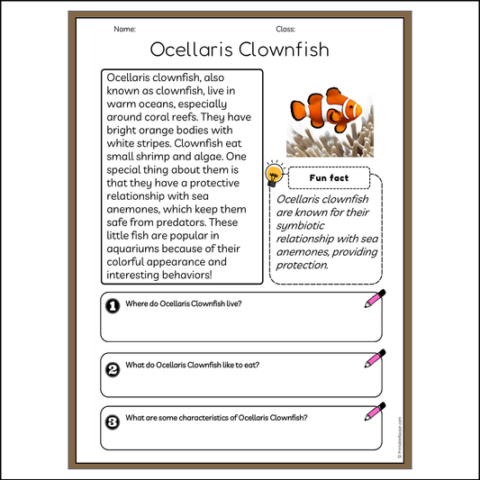 Ocellaris Clownfish | Reading Passage Comprehension Questions Writing Facts Worksheet