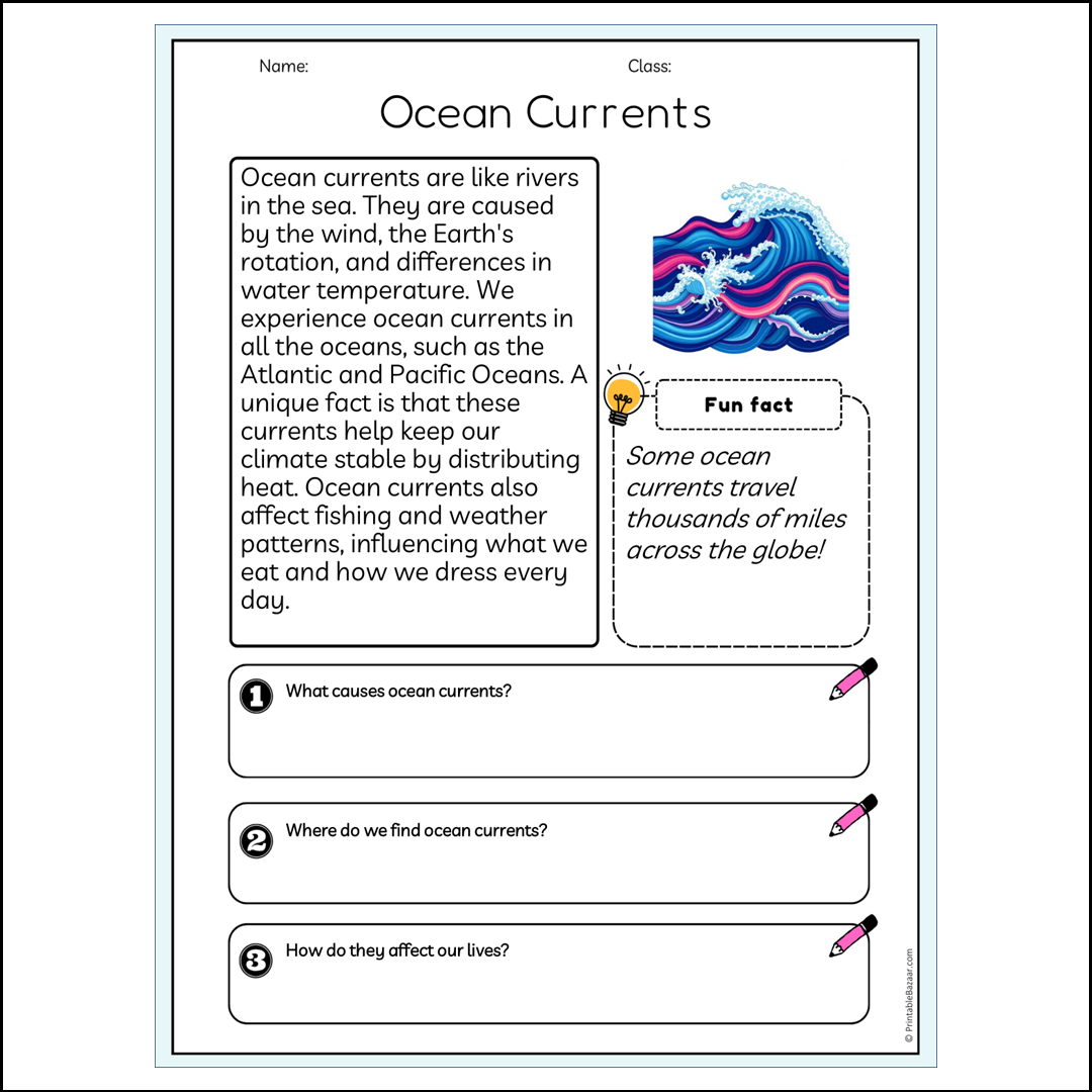 Ocean Currents | Reading Passage Comprehension Questions Writing Facts Worksheet