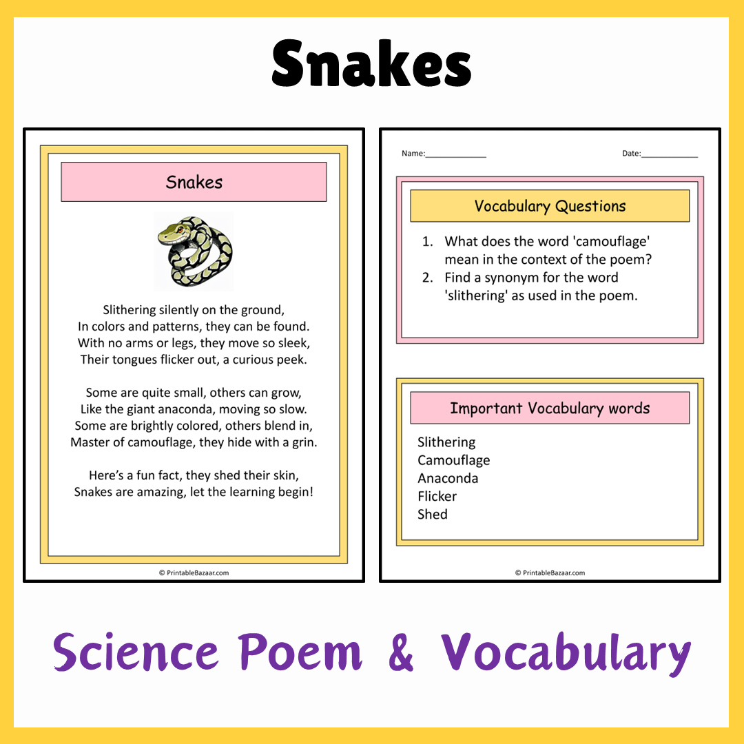 Snakes | Science Poem Reading Comprehension Activity