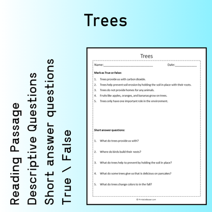 Trees | Reading Comprehension Passage Printable Worksheet