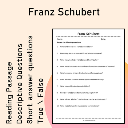 Franz Schubert | Reading Comprehension Passage Printable Activity
