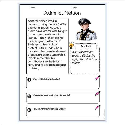 Admiral Nelson | Reading Passage Comprehension Questions Writing Facts Worksheet