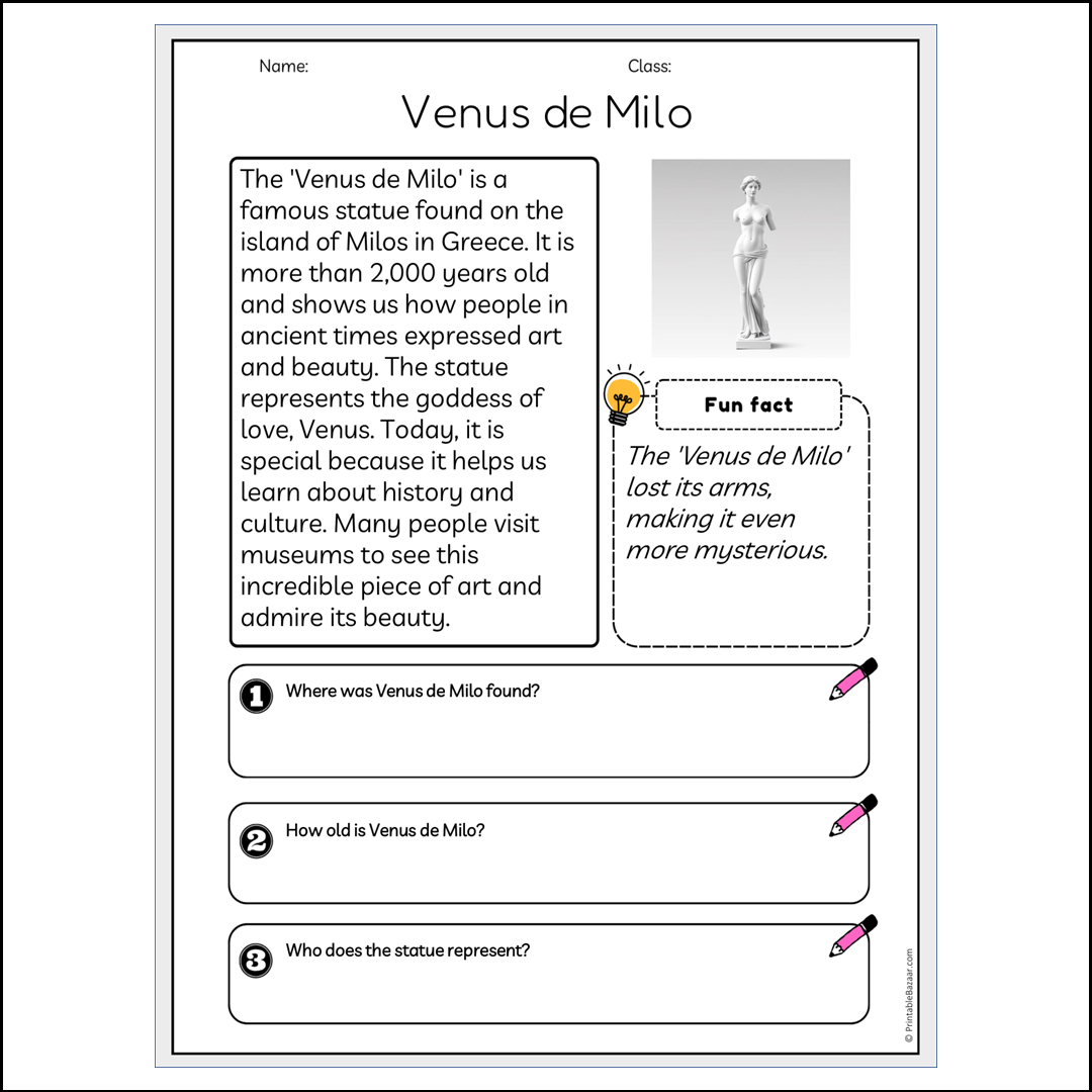 Venus de Milo | Reading Passage Comprehension Questions Writing Facts Worksheet