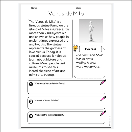 Venus de Milo | Reading Passage Comprehension Questions Writing Facts Worksheet