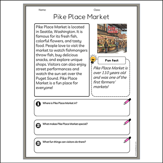 Pike Place Market | Reading Passage Comprehension Questions Writing Facts Worksheet