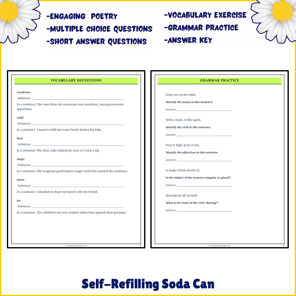 Self-Refilling Soda Can | Poem Grammar Worksheet Printable Activity