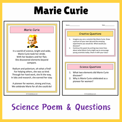 Marie Curie | Science Poem Reading Comprehension Activity