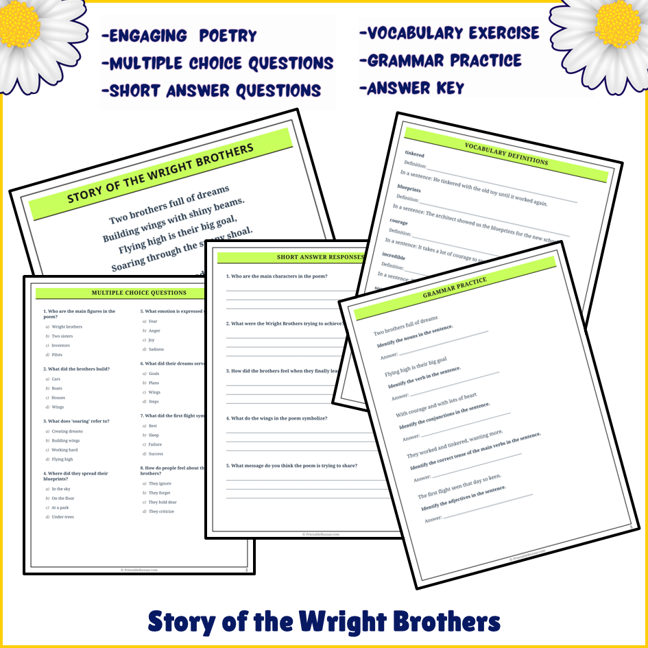 Story of the Wright Brothers | Poem Grammar Worksheet Printable Activity