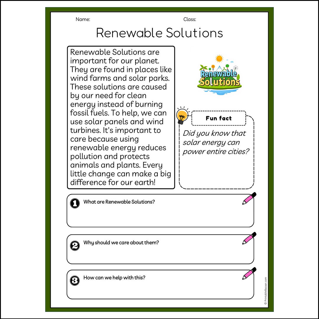 Renewable Solutions | Reading Passage Comprehension Questions Writing Facts Worksheet