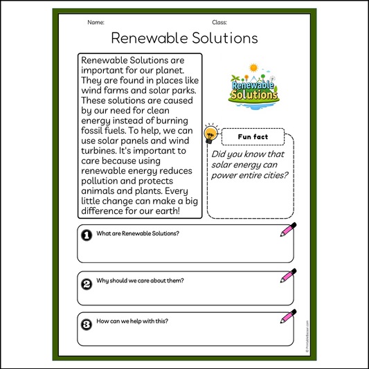 Renewable Solutions | Reading Passage Comprehension Questions Writing Facts Worksheet