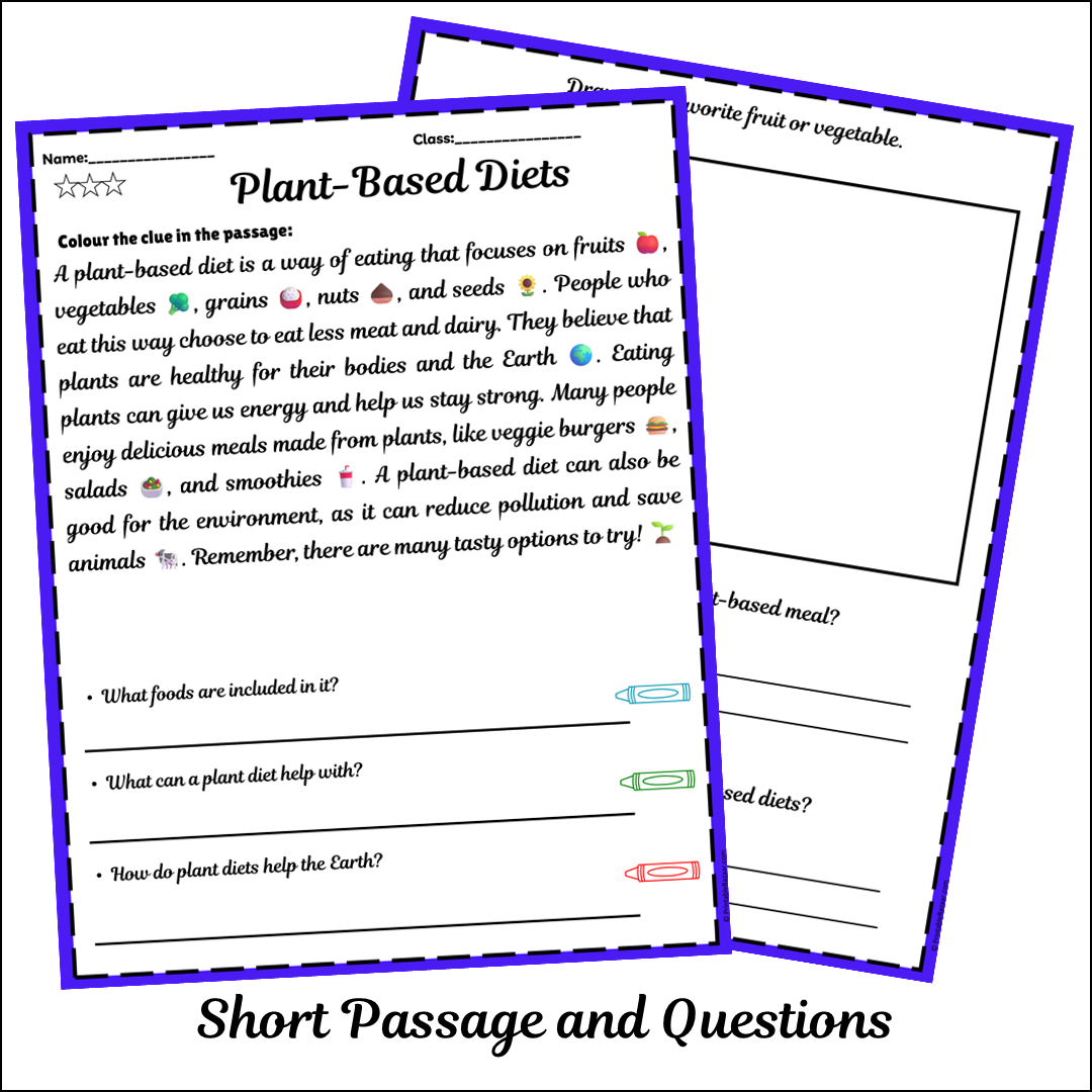 Plant-Based Diets | Short Reading Comprehension Creative Worksheet
