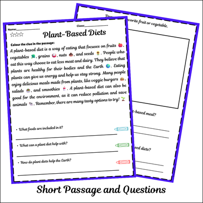 Plant-Based Diets | Short Reading Comprehension Creative Worksheet