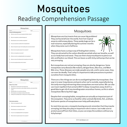 Mosquitoes | Reading Comprehension Passage Printable Worksheet