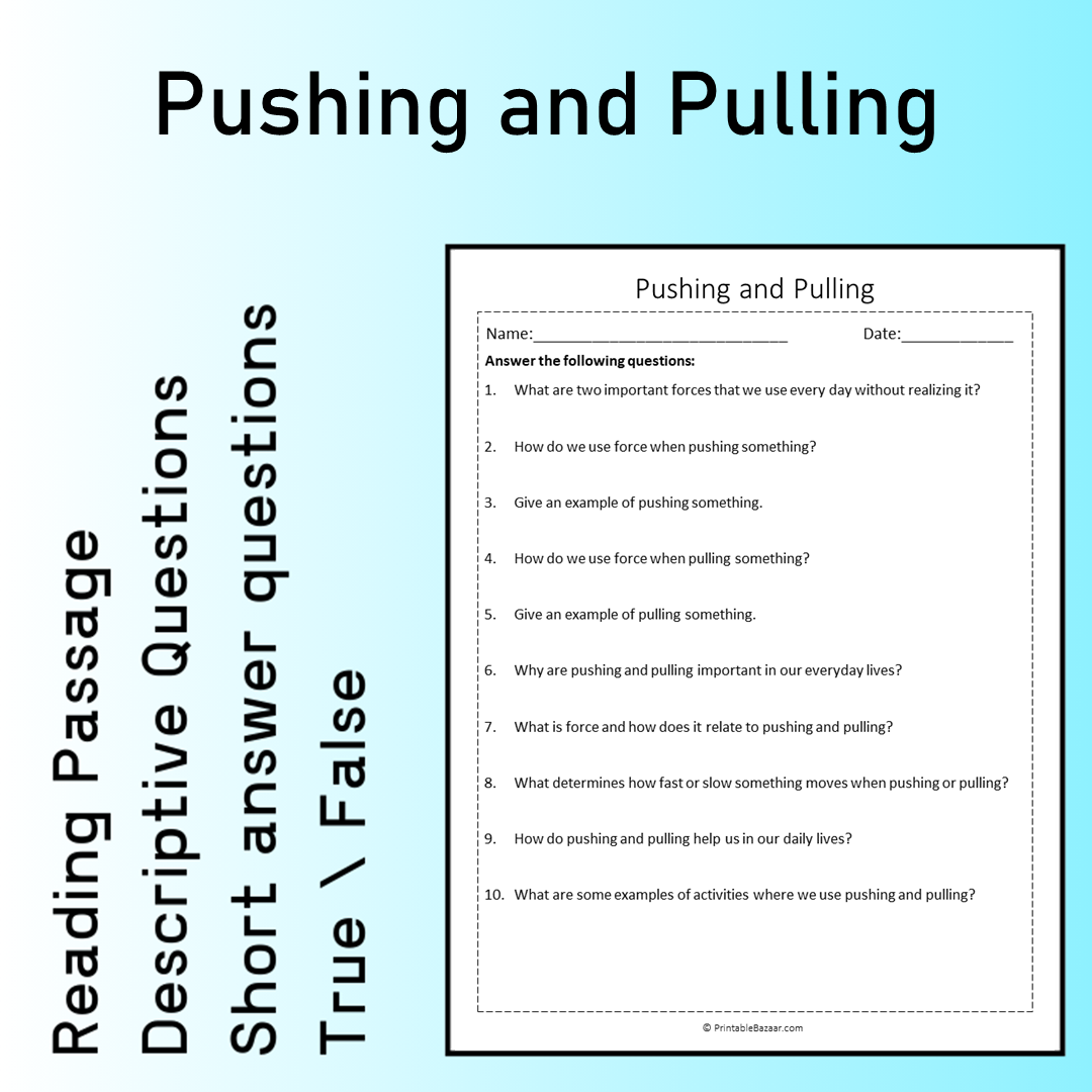 Pushing and Pulling | Reading Comprehension Passage Printable Worksheet