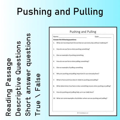 Pushing and Pulling | Reading Comprehension Passage Printable Worksheet