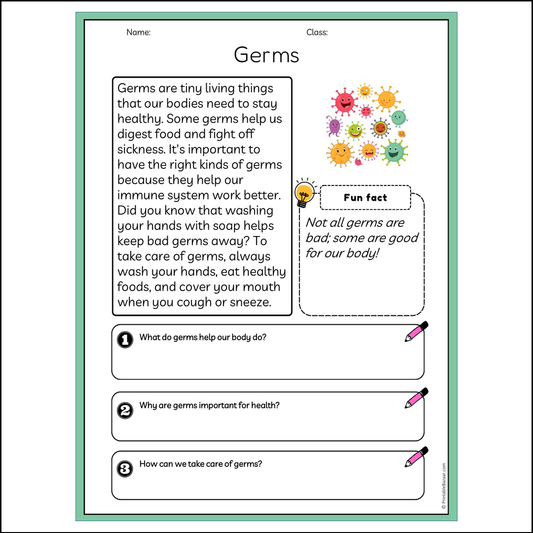 Germs | Reading Passage Comprehension Questions Writing Facts Worksheet