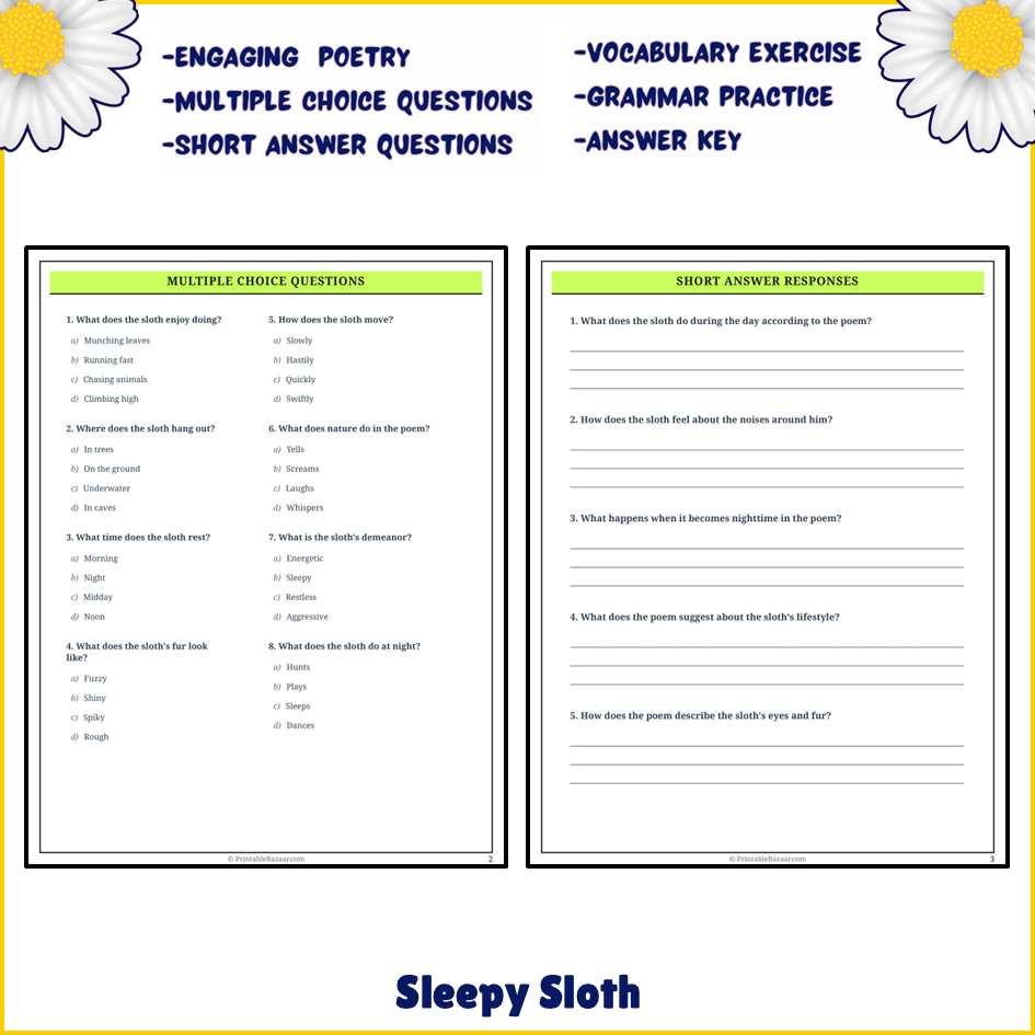 Sleepy Sloth | Poem Grammar Worksheet Printable Activity