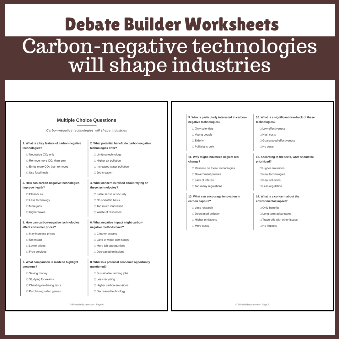 Carbon-negative technologies will shape industries | Favour and Against Worksheet Printable Activity