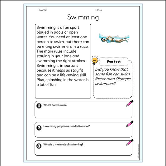 Swimming | Reading Passage Comprehension Questions Writing Facts Worksheet