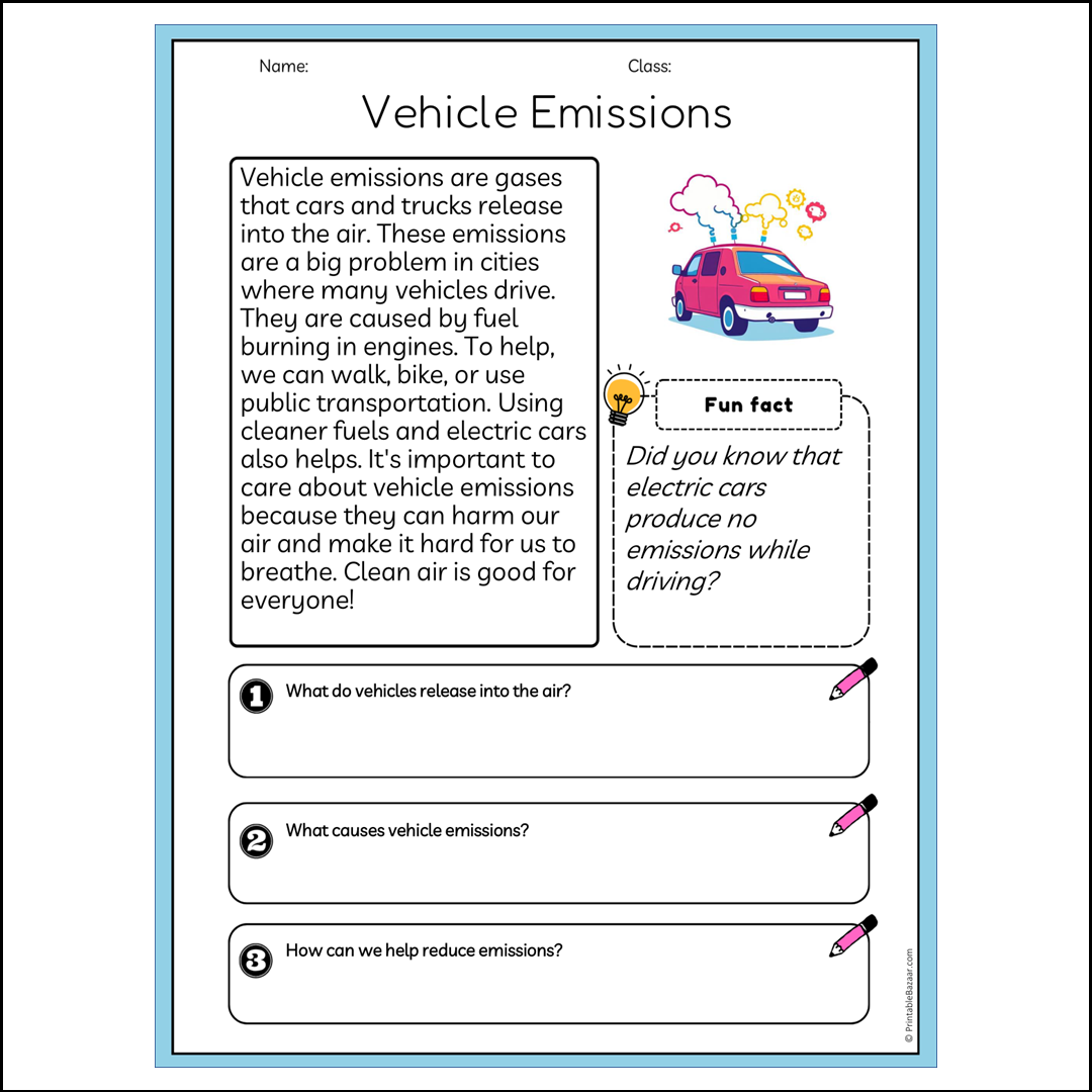 Vehicle Emissions | Reading Passage Comprehension Questions Writing Facts Worksheet