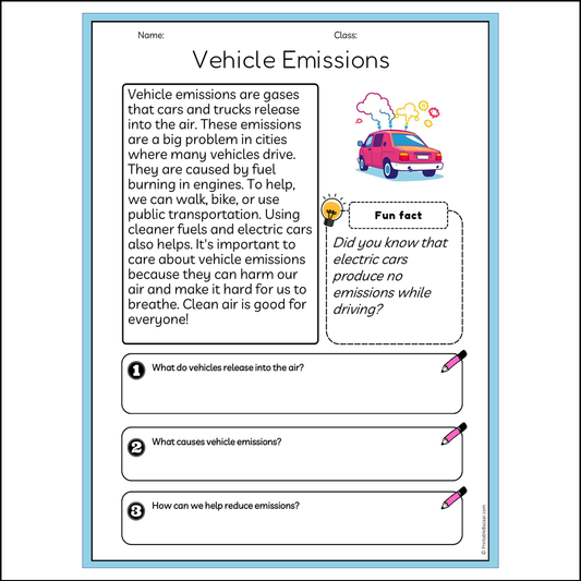 Vehicle Emissions | Reading Passage Comprehension Questions Writing Facts Worksheet