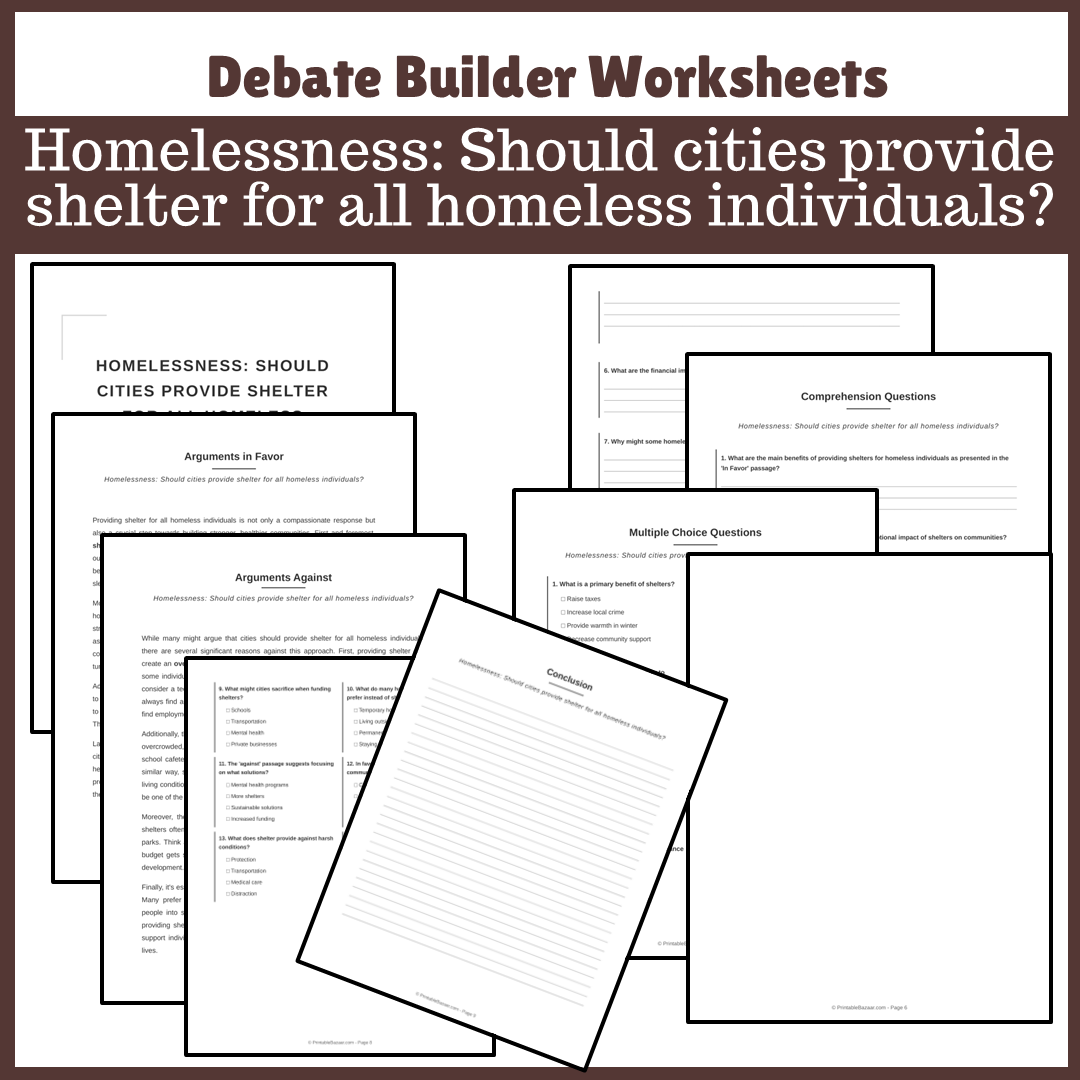Homelessness: Should cities provide shelter for all homeless individuals? | Favour and Against Worksheet Printable Activity