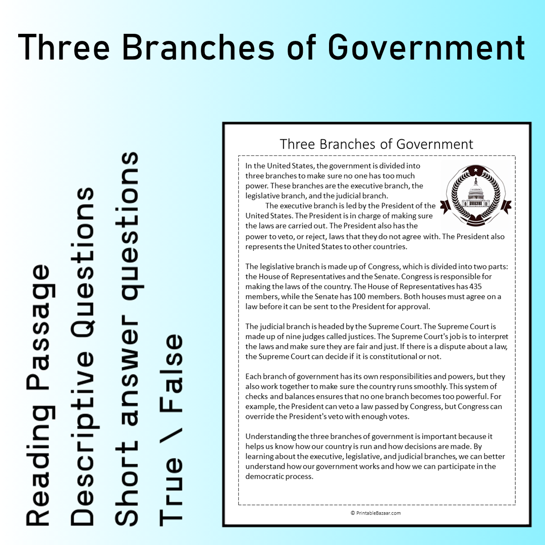 Three Branches of Government | Reading Comprehension Passage Printable Worksheet