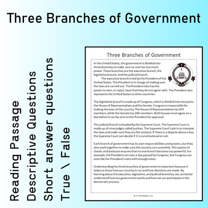Three Branches of Government | Reading Comprehension Passage Printable Worksheet
