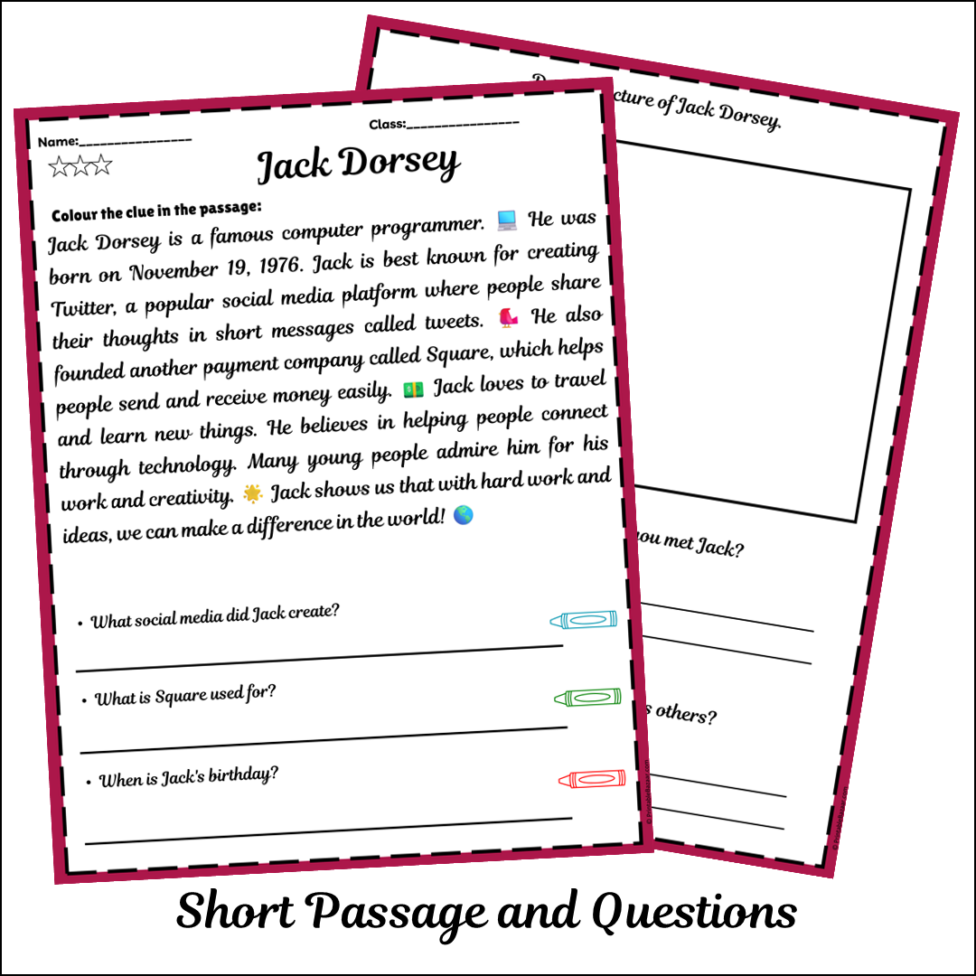 Jack Dorsey | Short Reading Comprehension Creative Worksheet