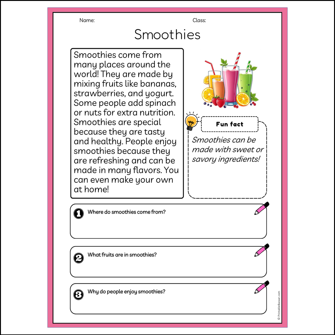 Smoothies | Reading Passage Comprehension Questions Writing Facts Worksheet