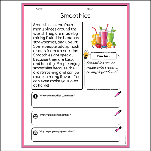 Smoothies | Reading Passage Comprehension Questions Writing Facts Worksheet