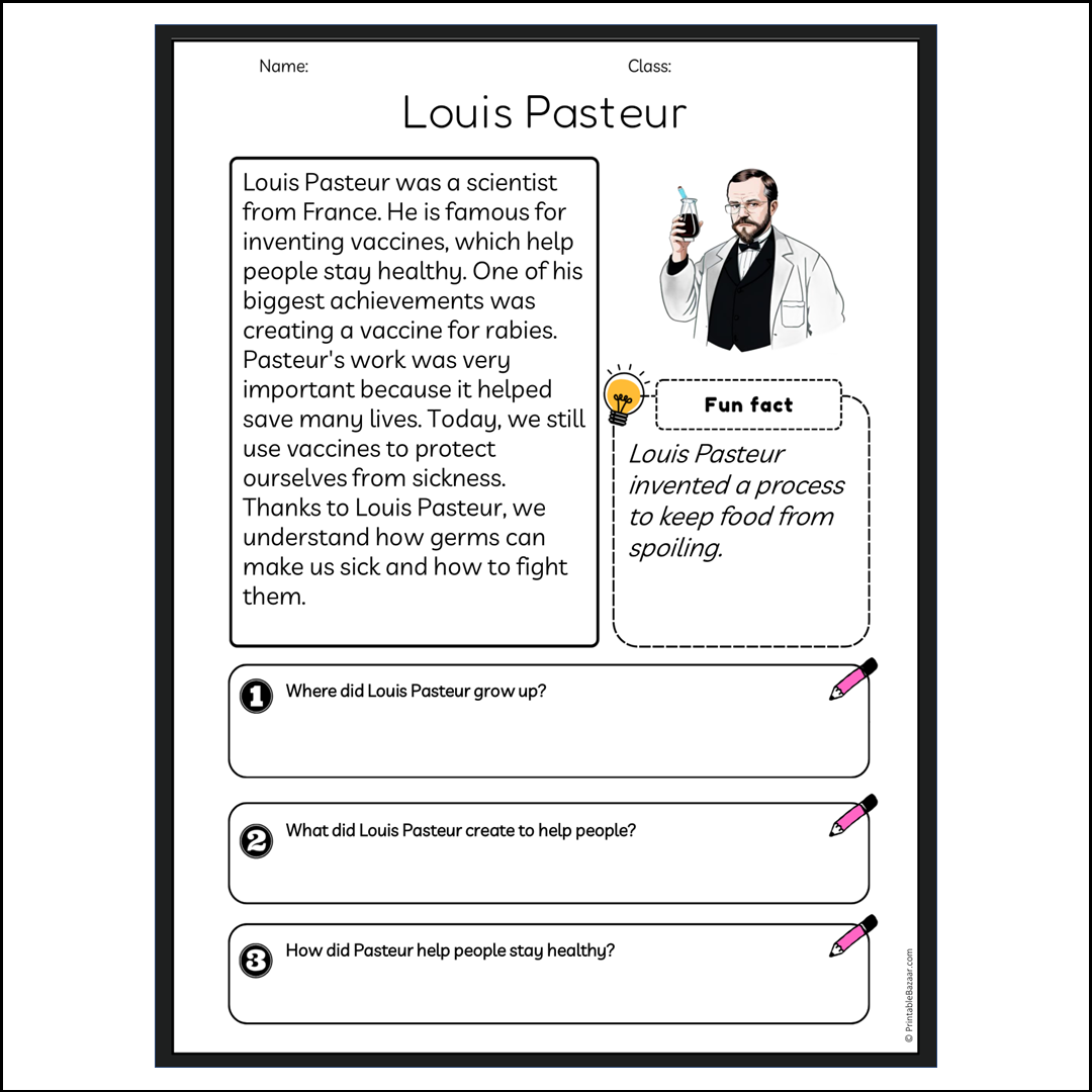 Louis Pasteur | Reading Passage Comprehension Questions Writing Facts Worksheet