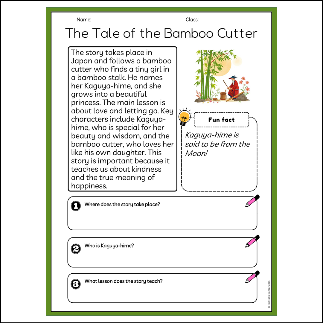 The Tale of the Bamboo Cutter | Reading Passage Comprehension Questions Writing Facts Worksheet