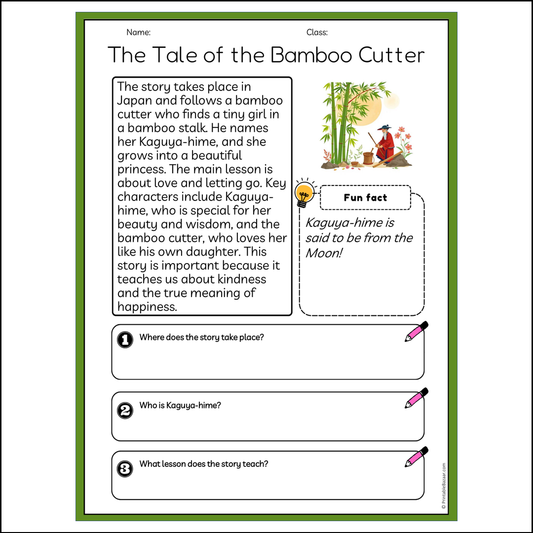 The Tale of the Bamboo Cutter | Reading Passage Comprehension Questions Writing Facts Worksheet