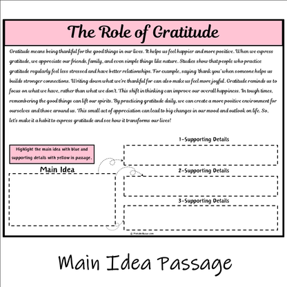 The Role of Gratitude | Main Idea and Supporting Details Reading Passage and Questions