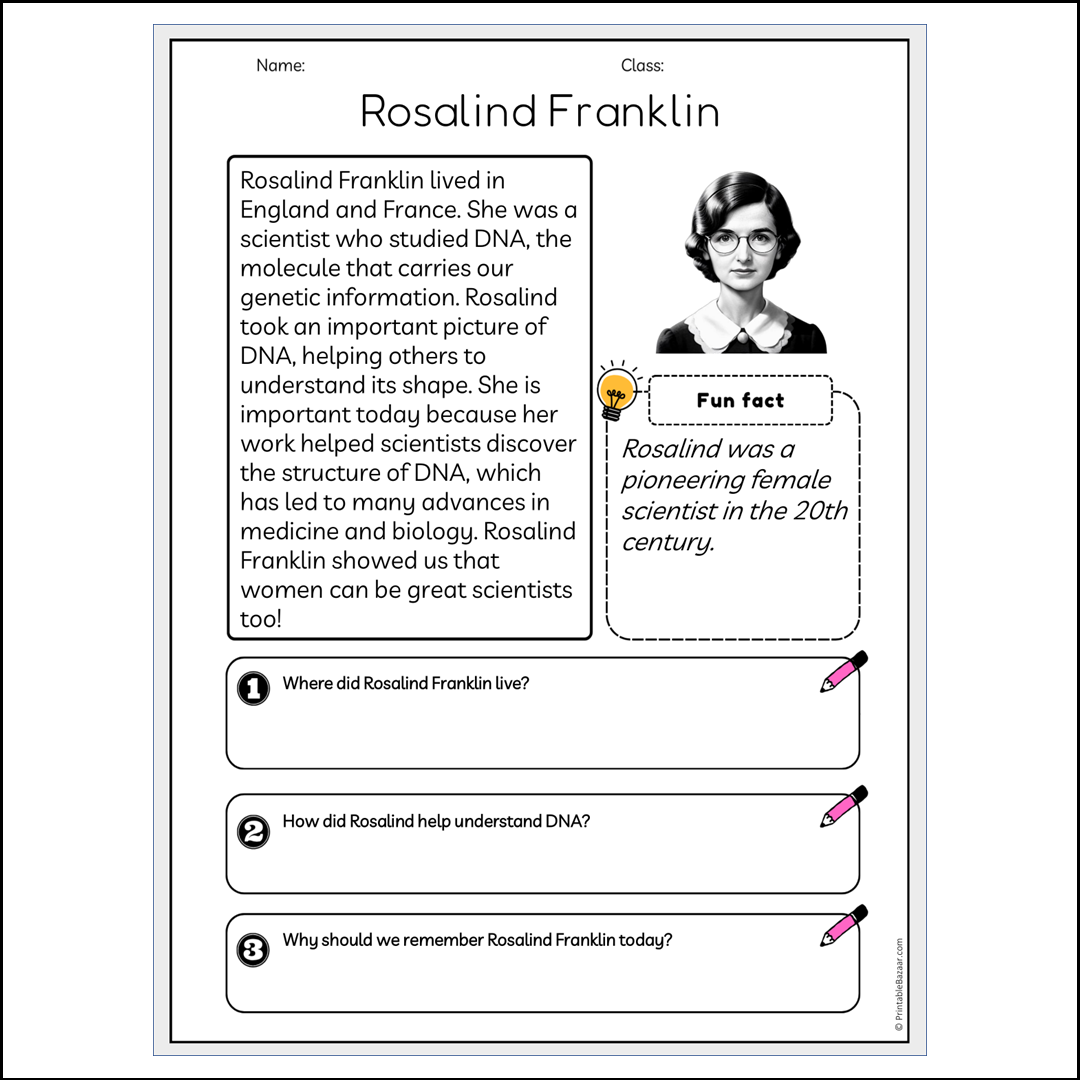 Rosalind Franklin | Reading Passage Comprehension Questions Writing Facts Worksheet