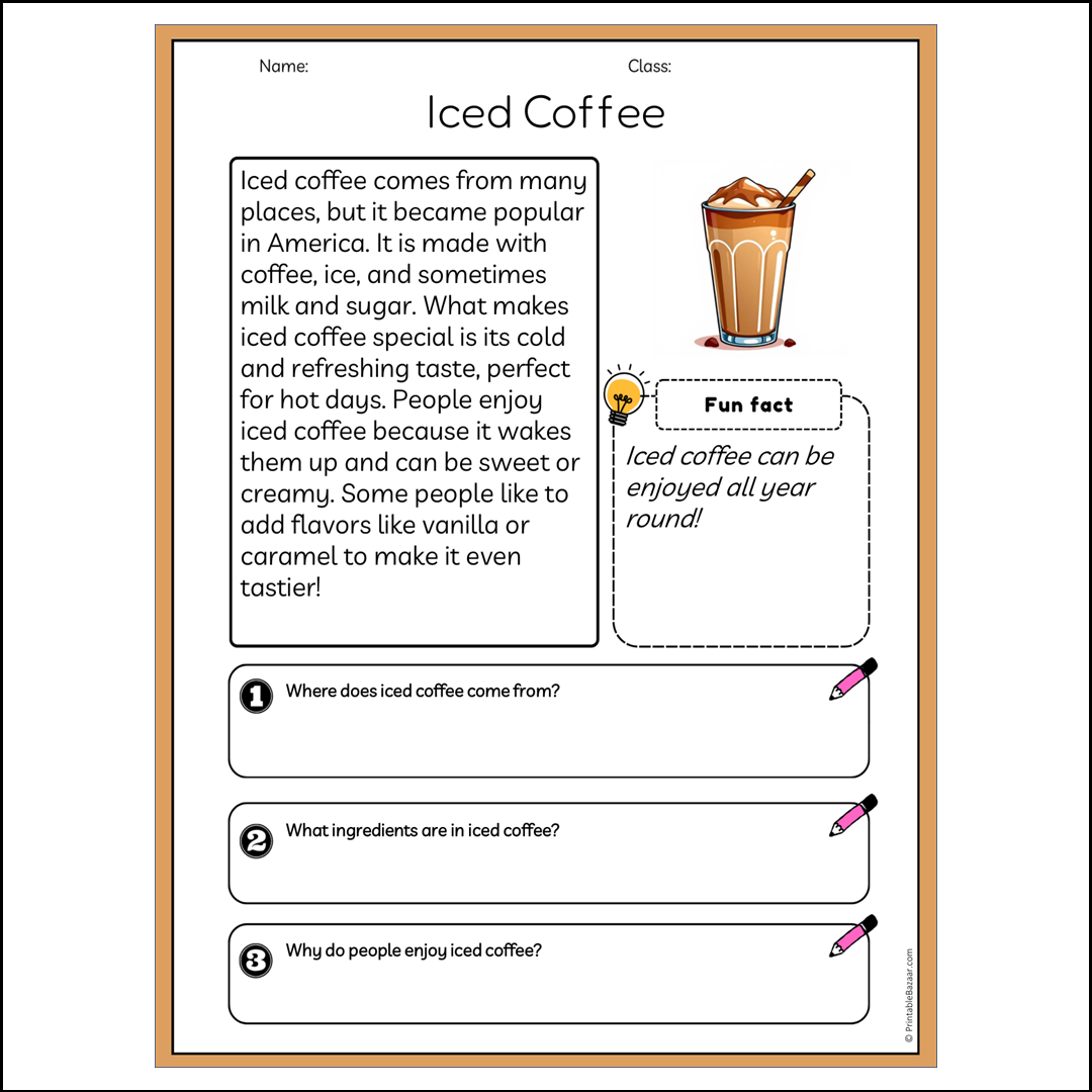 Iced Coffee | Reading Passage Comprehension Questions Writing Facts Worksheet