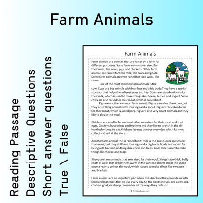 Farm Animals | Reading Comprehension Passage Printable Worksheet