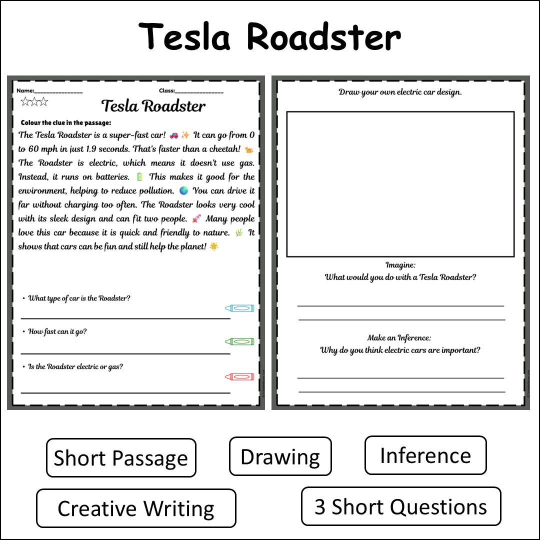 Tesla Roadster | Short Reading Comprehension Creative Worksheet