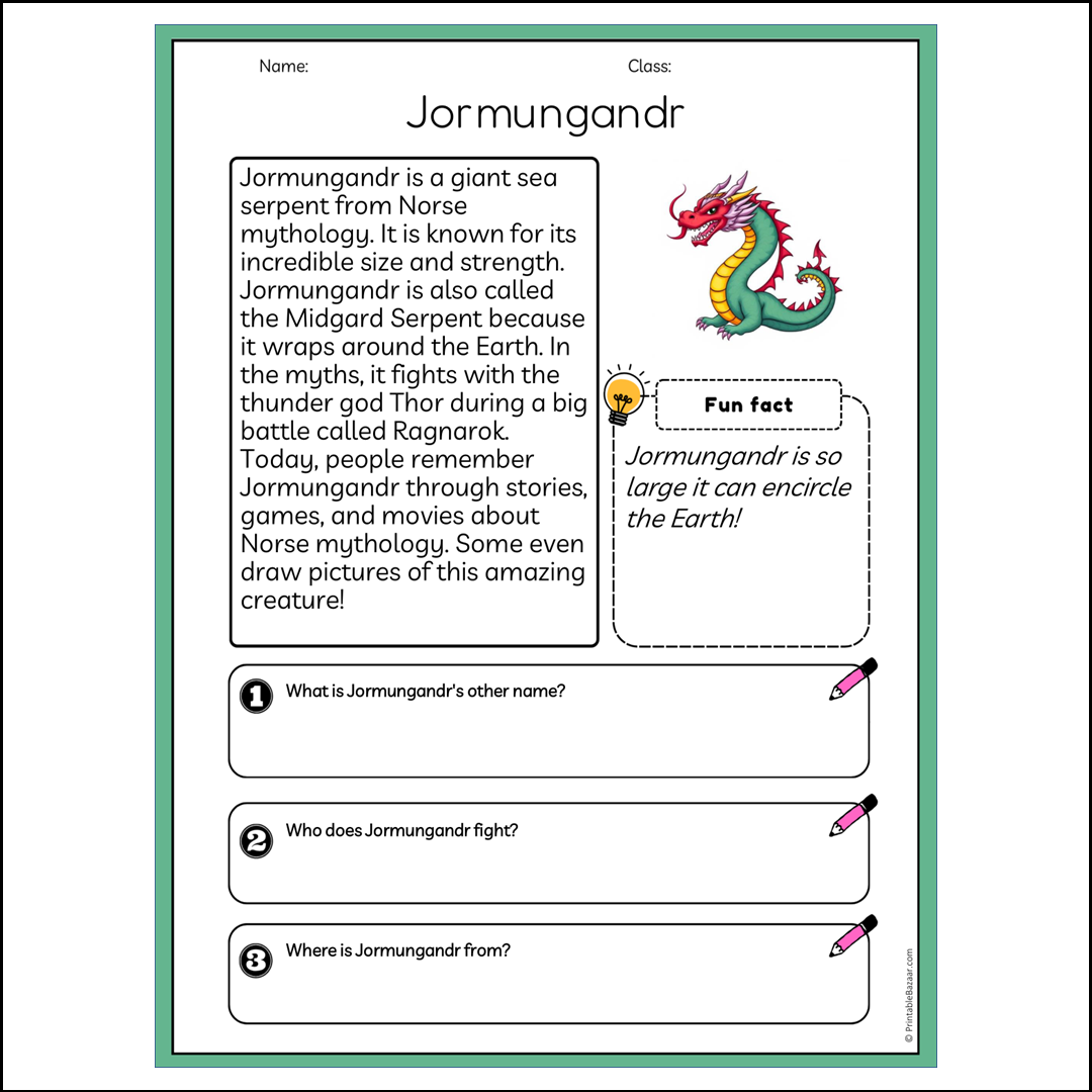 Jormungandr | Reading Passage Comprehension Questions Writing Facts Worksheet