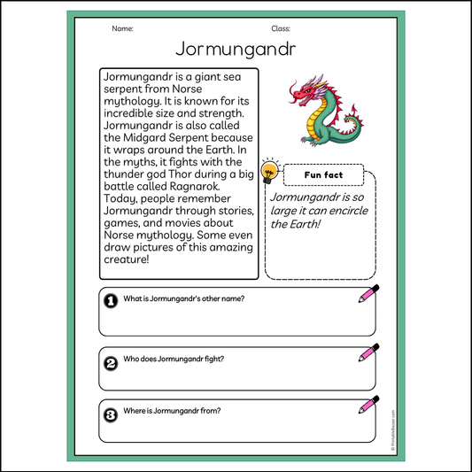 Jormungandr | Reading Passage Comprehension Questions Writing Facts Worksheet