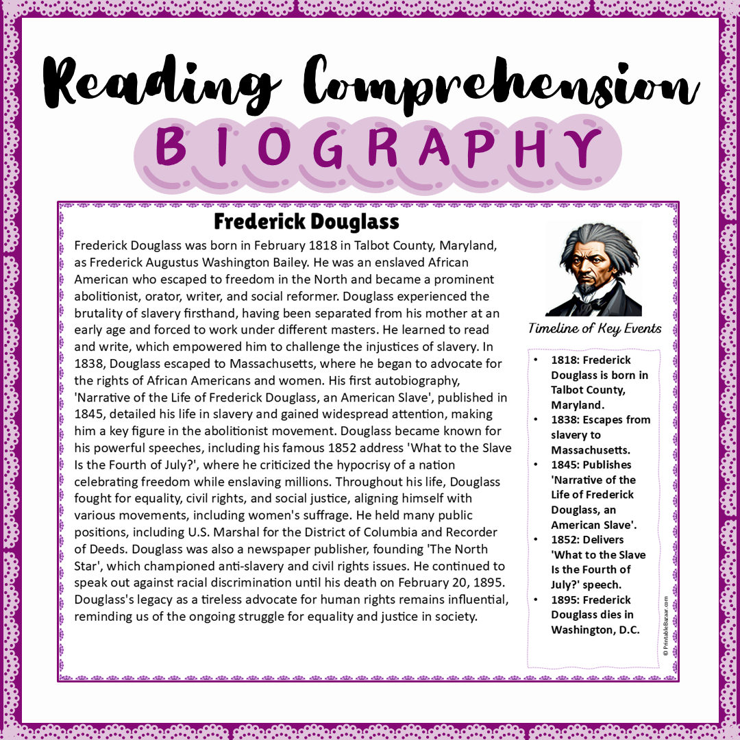 Frederick Douglass Biography Reading Comprehension And Questions Wor Frederick Douglass Biography Reading Comprehension And Questions Wor