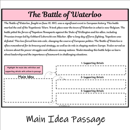 The Battle of Waterloo | Main Idea and Supporting Details Reading Passage and Questions