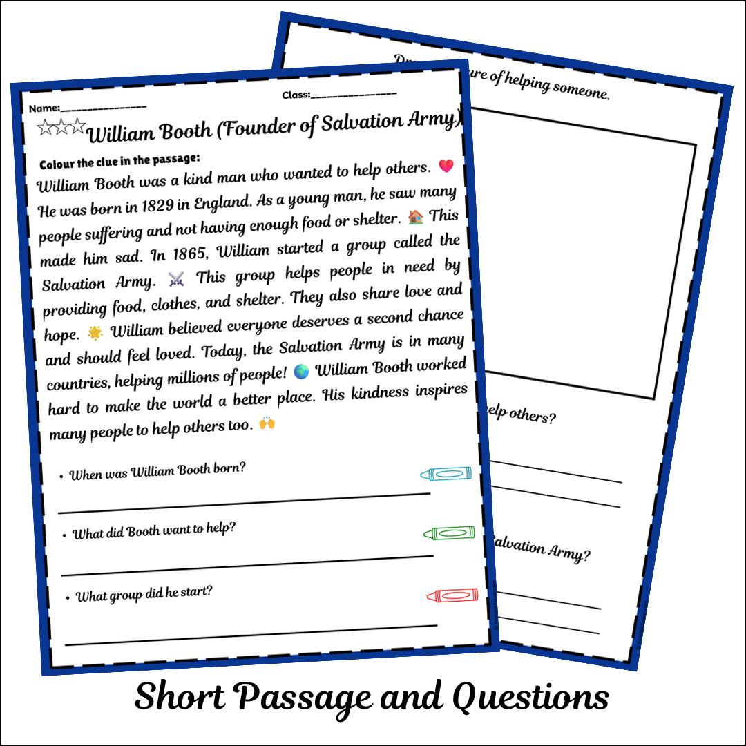 William Booth (Founder of Salvation Army) | Short Reading Comprehension Creative Worksheet