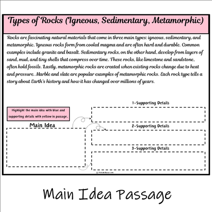 Types of Rocks (Igneous, Sedimentary, Metamorphic) | Main Idea and Supporting Details Reading Passage and Questions