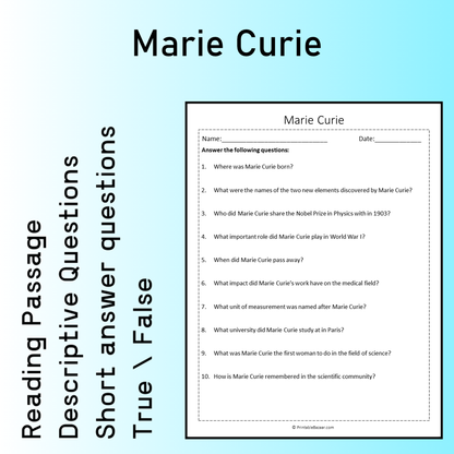 Marie Curie | Reading Comprehension Passage Printable Worksheet