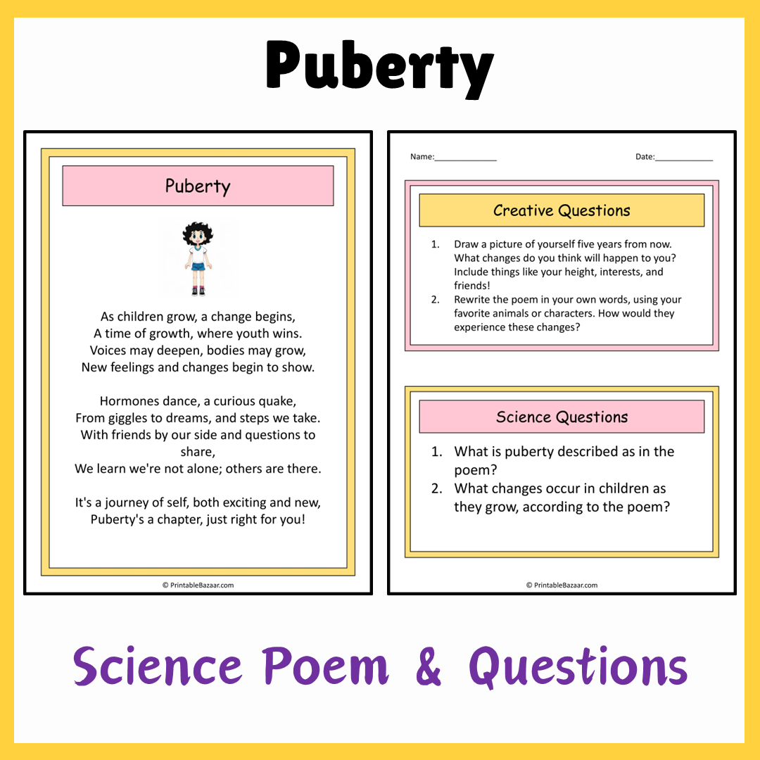 Puberty | Science Poem Reading Comprehension Activity