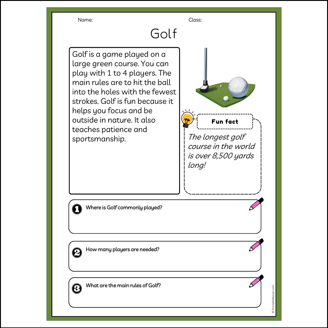 Golf | Reading Passage Comprehension Questions Writing Facts Worksheet