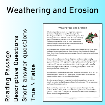 Weathering and Erosion | Reading Comprehension Passage Printable Worksheet