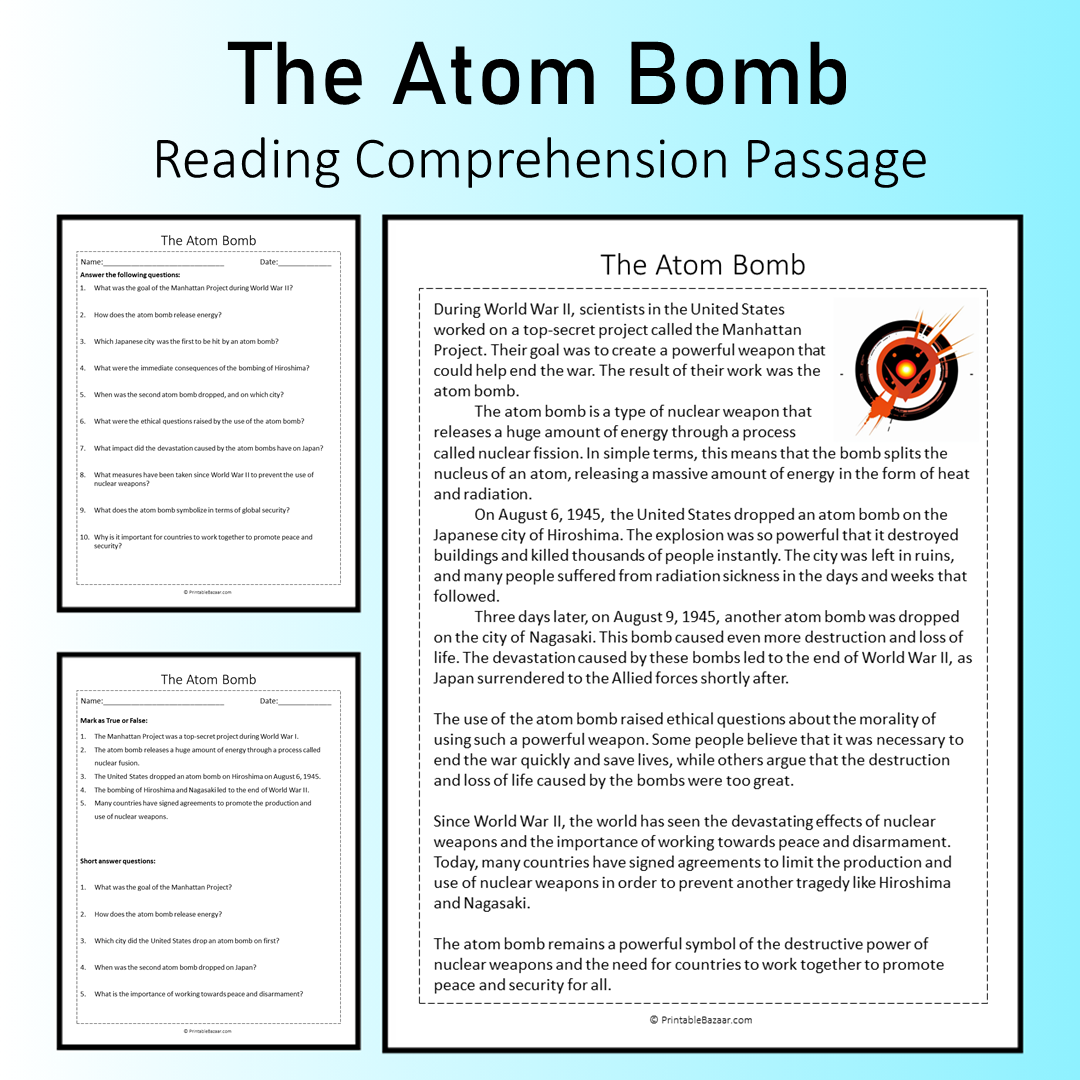 The Atom Bomb | Reading Comprehension Passage Printable Worksheet